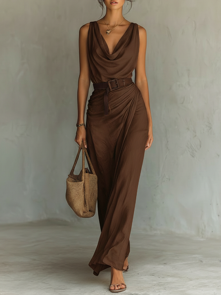 VESTIDO MAXI SIN MANGAS CON ESCOTE DRAPEADO Y CINTURÓN