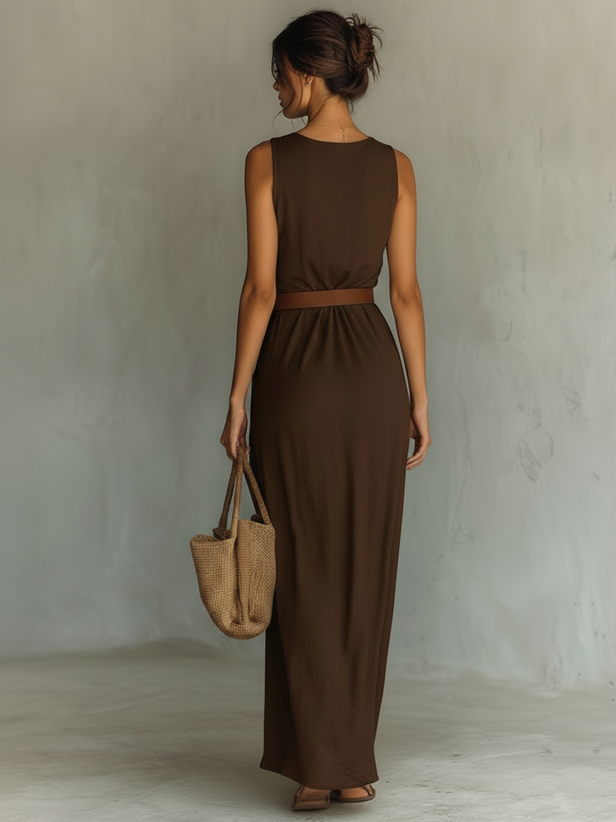 VESTIDO MAXI SIN MANGAS CON ESCOTE DRAPEADO Y CINTURÓN