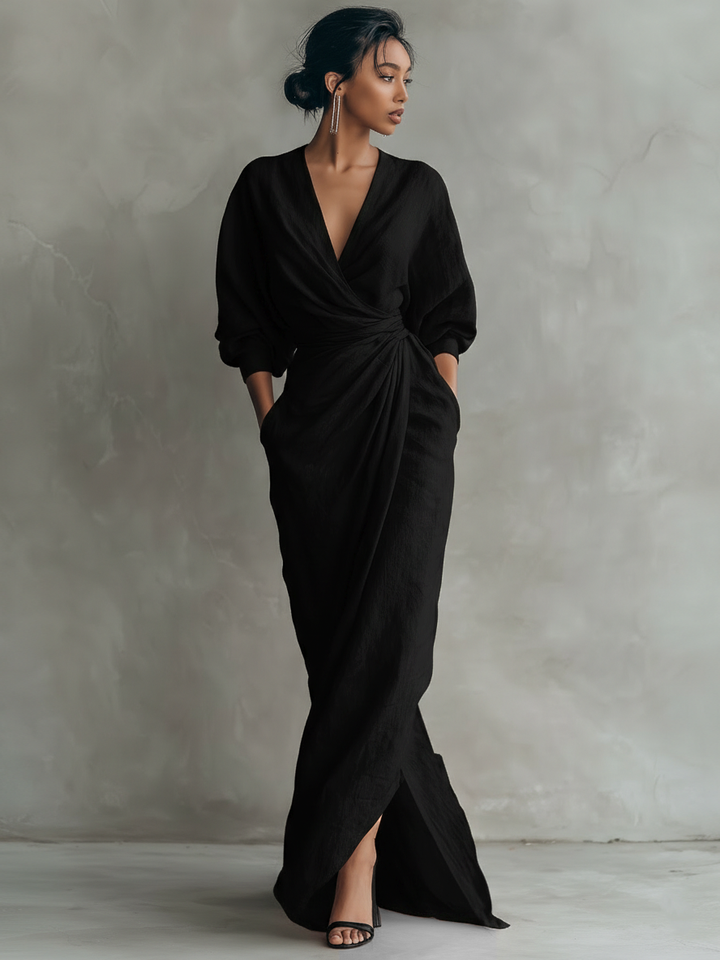 VESTIDO MAXI MINIMALISTA DE LINO CON ESCOTE EN V
