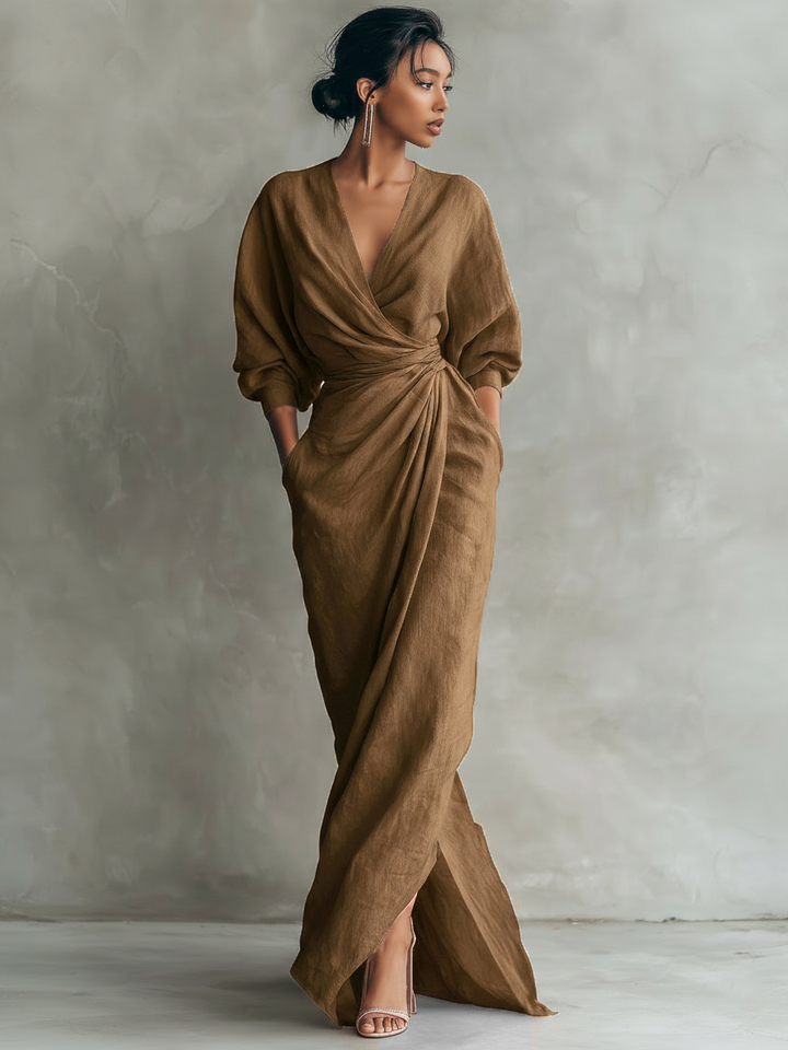 VESTIDO MAXI MINIMALISTA DE LINO CON ESCOTE EN V