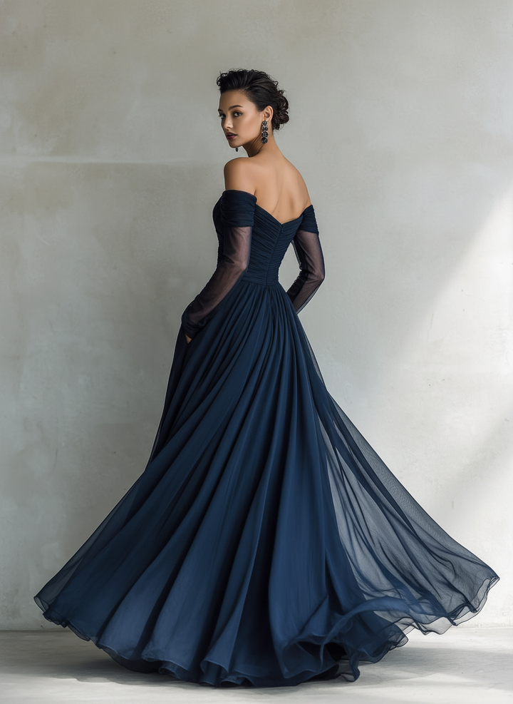 VESTIDO MAXI AJUSTADO DE GASA ORGANZA CON HOMBROS DESCUBIERTOS Y MANGA LARGA