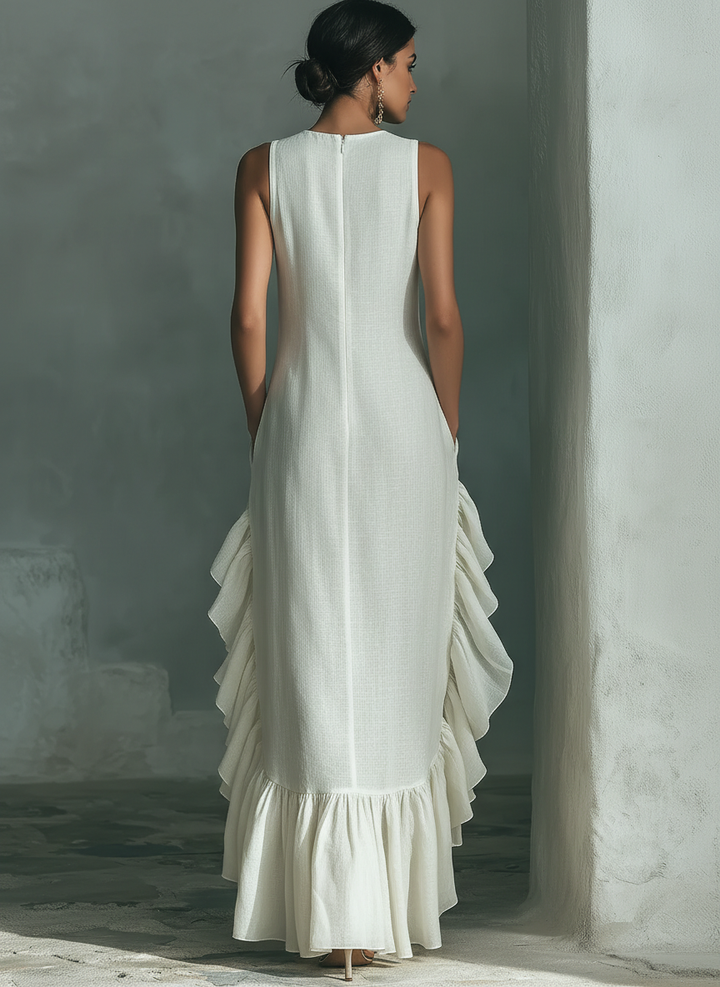 VESTIDO MAXI SIN MANGAS DE LINO Y BAJO CON VOLANTE