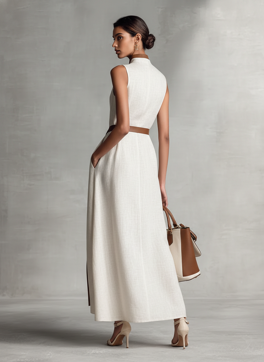 VESTIDO MAXI SIN MANGAS DE ALGODÓN Y LINO CON ESCOTE EN V Y CINTURÓN