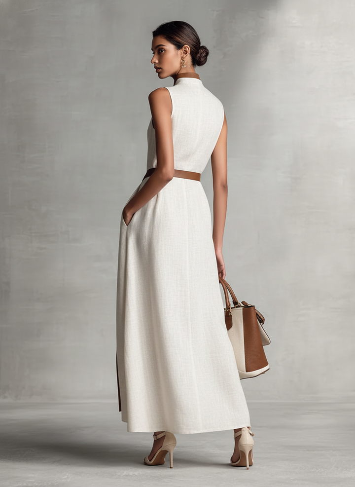 VESTIDO MAXI SIN MANGAS DE ALGODÓN Y LINO CON ESCOTE EN V Y CINTURÓN
