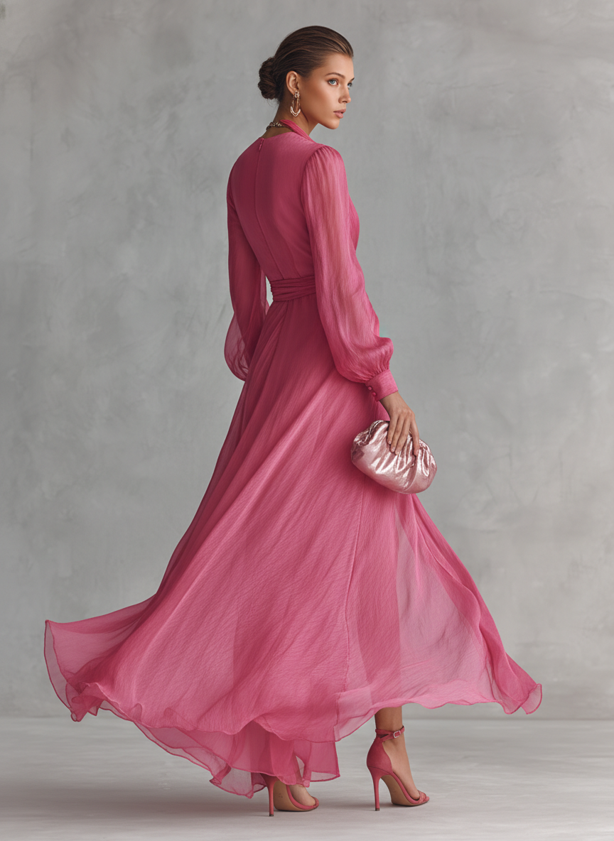 VESTIDO LARGO DE GASA ROSA EMPOLVADO CON ESCOTE EN V Y CINTURA ANUDADA