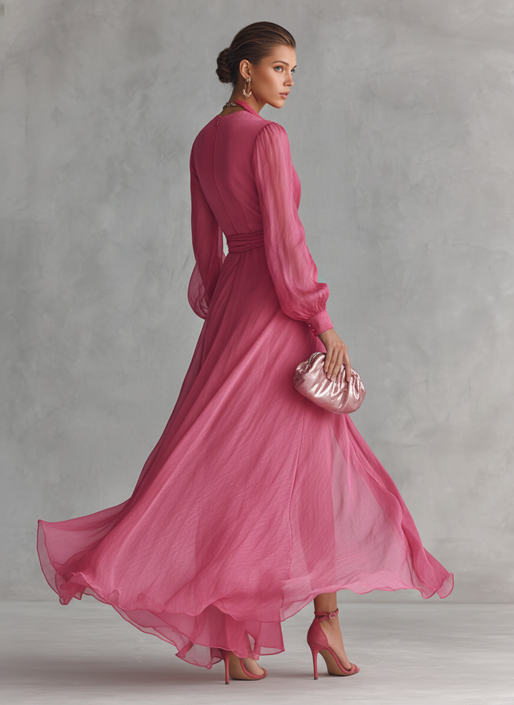 VESTIDO LARGO DE GASA ROSA EMPOLVADO CON ESCOTE EN V Y CINTURA ANUDADA
