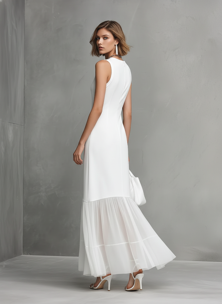 VESTIDO LARGO BLANCO SIN MANGAS CON VOLANTES Y DETALLES DE GASA