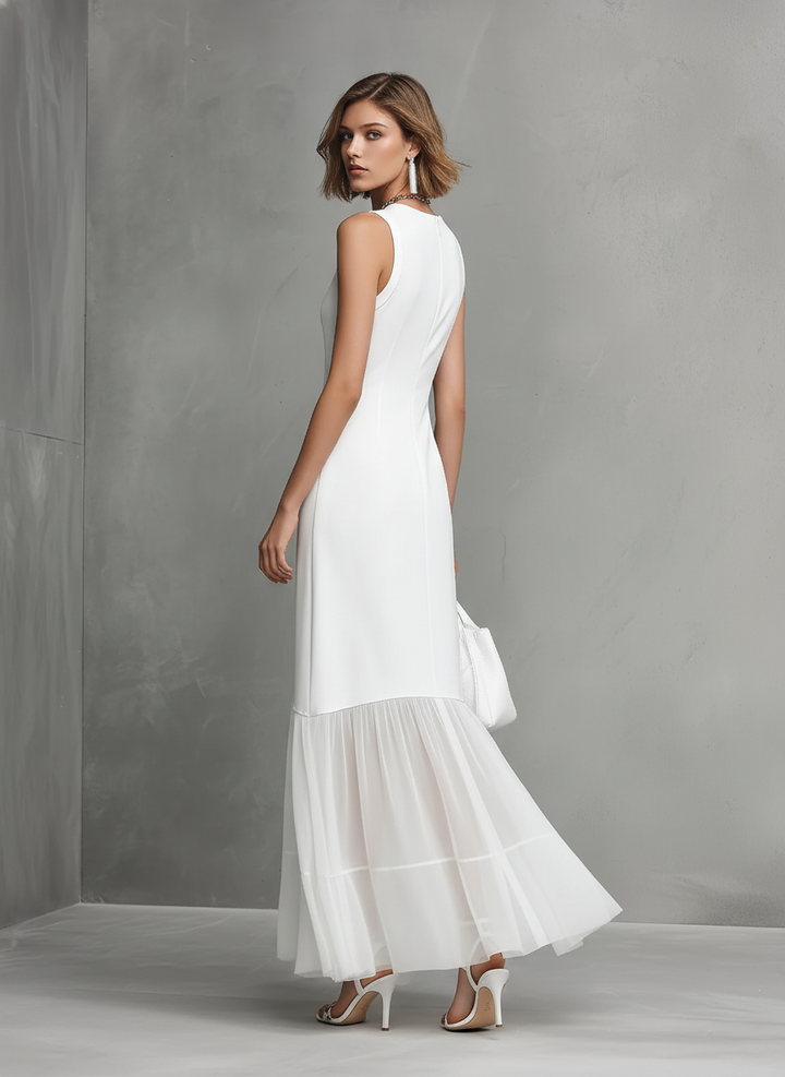 VESTIDO LARGO BLANCO SIN MANGAS CON VOLANTES Y DETALLES DE GASA