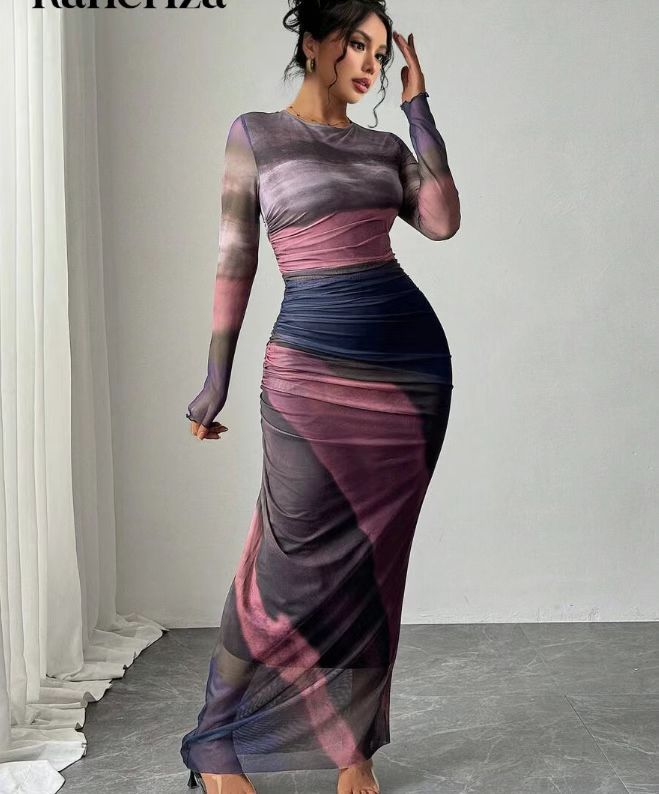 Natalia | Vestido Maxi Bodycon de Manga Larga Impreso y Cómodo