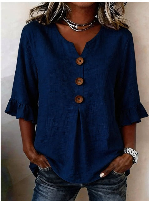 Blusa Sophia de algodón-lino con botones de madera y volantes