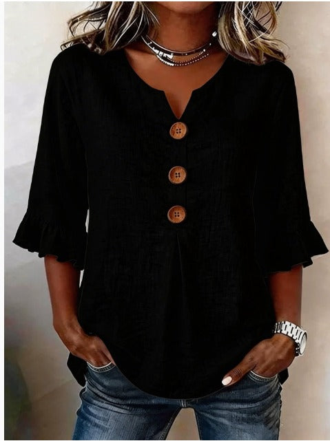 Blusa Sophia de algodón-lino con botones de madera y volantes