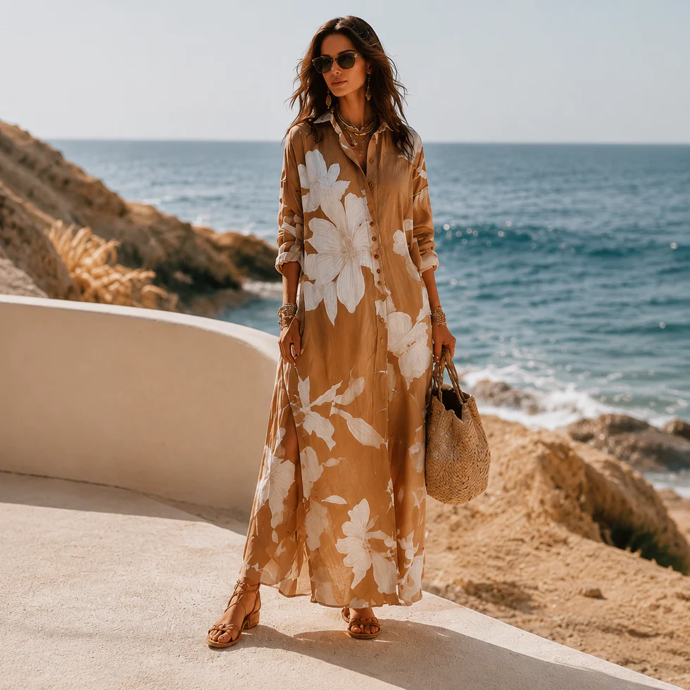 Vestido Maxi Camisero con Estampado Floral en Marrón y Blanco para Vacaciones