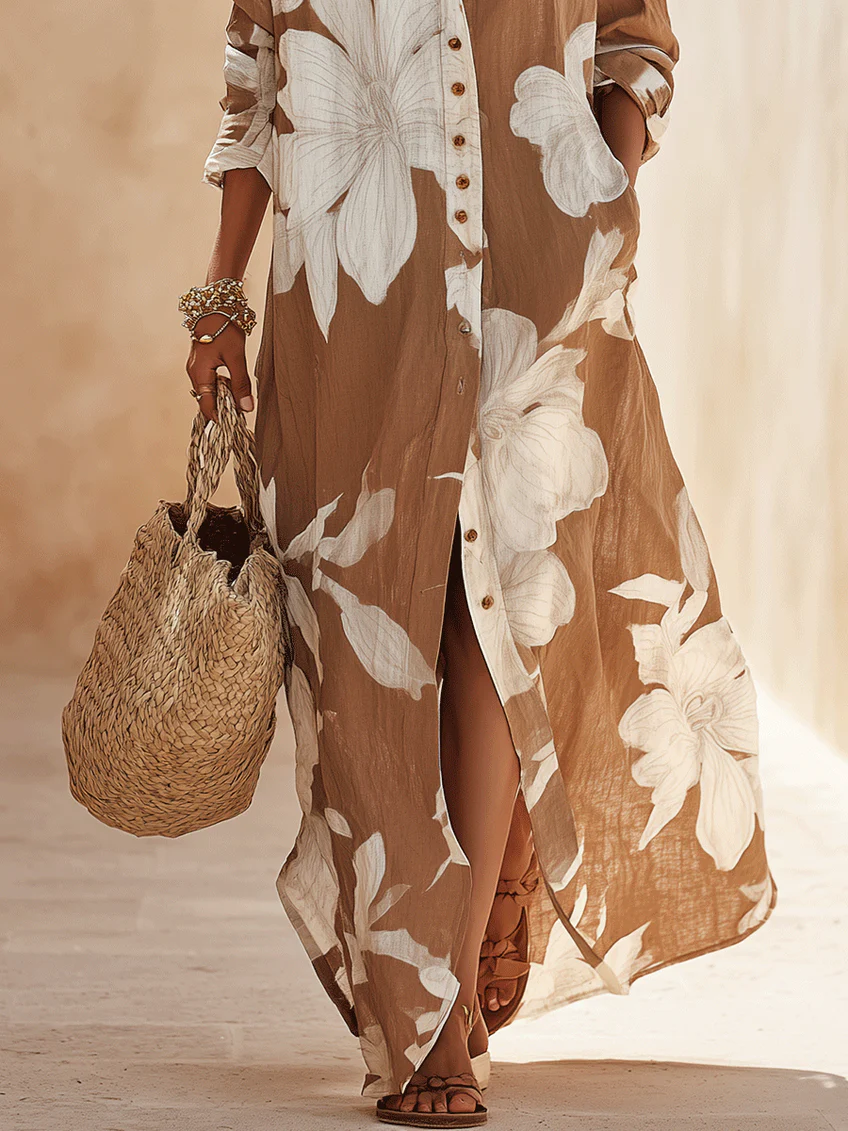 Vestido Maxi Camisero con Estampado Floral en Marrón y Blanco para Vacaciones