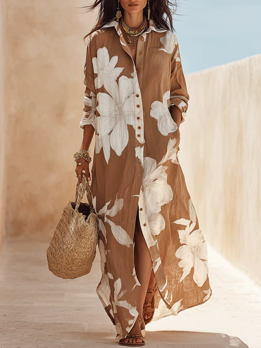 Vestido Maxi Camisero con Estampado Floral en Marrón y Blanco para Vacaciones