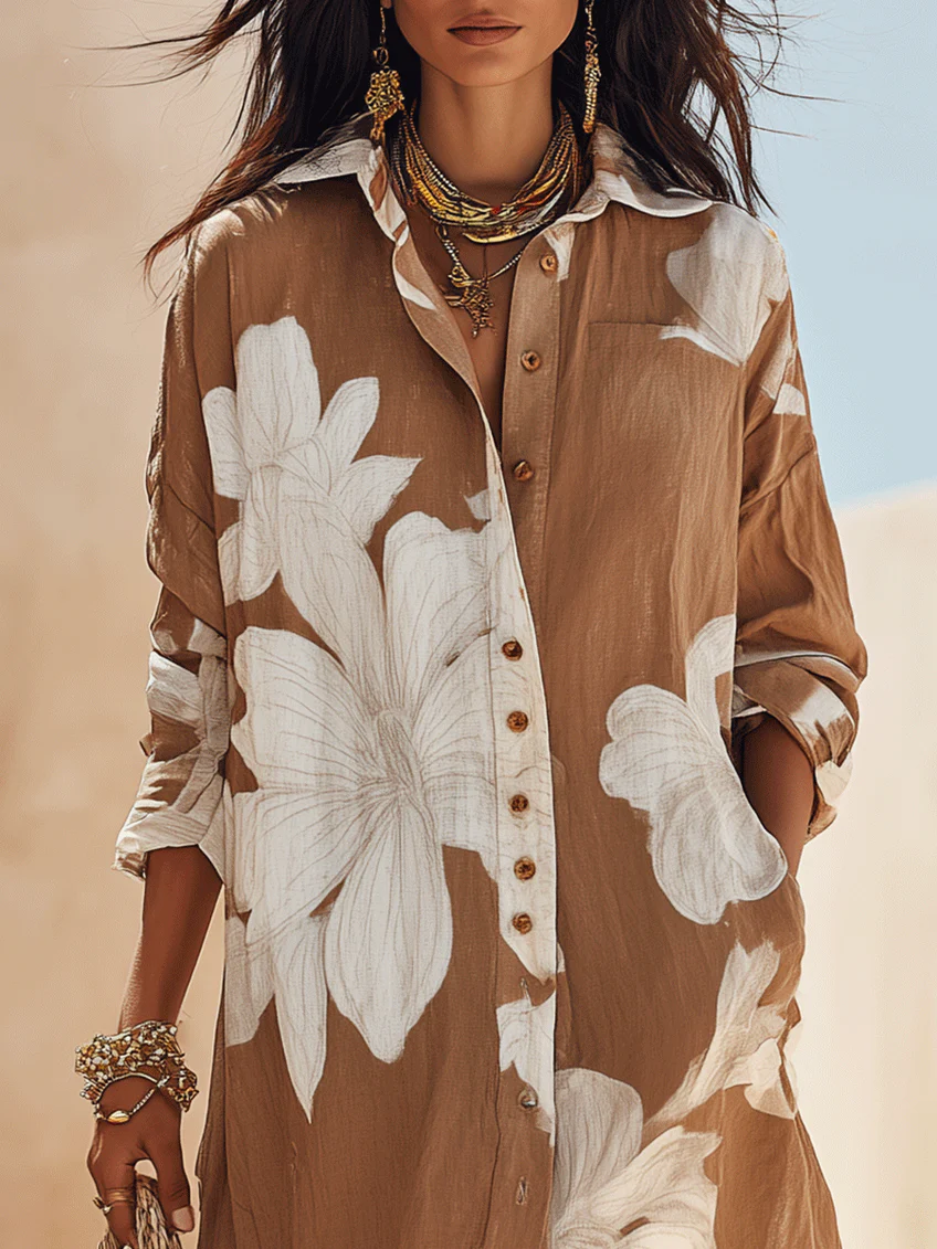 Vestido Maxi Camisero con Estampado Floral en Marrón y Blanco para Vacaciones