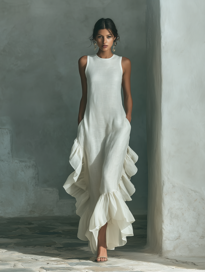 VESTIDO MAXI SIN MANGAS DE LINO Y BAJO CON VOLANTE