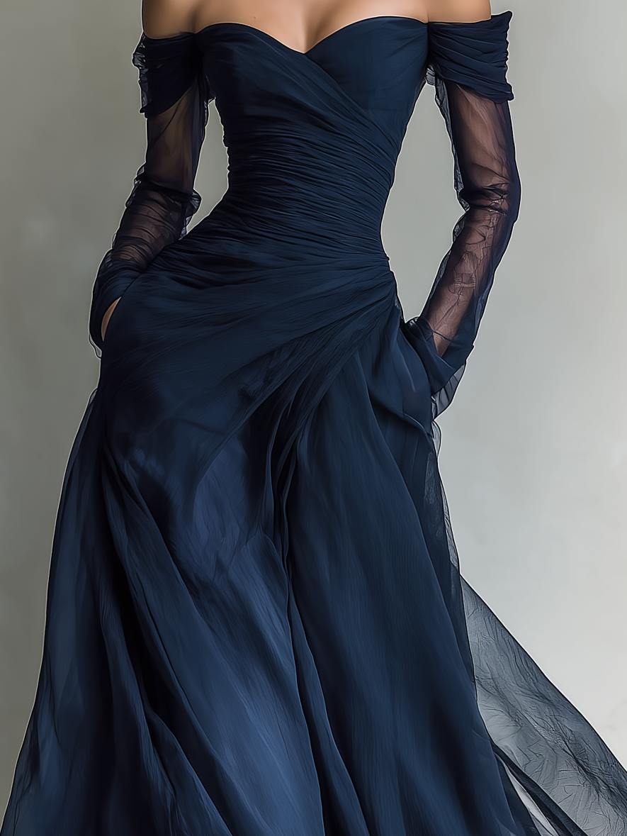 VESTIDO MAXI AJUSTADO DE GASA ORGANZA CON HOMBROS DESCUBIERTOS Y MANGA LARGA