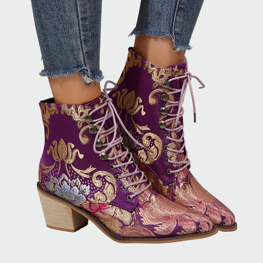 Sandra | Botines De Cuero Con Flores Elegantes Radiantes