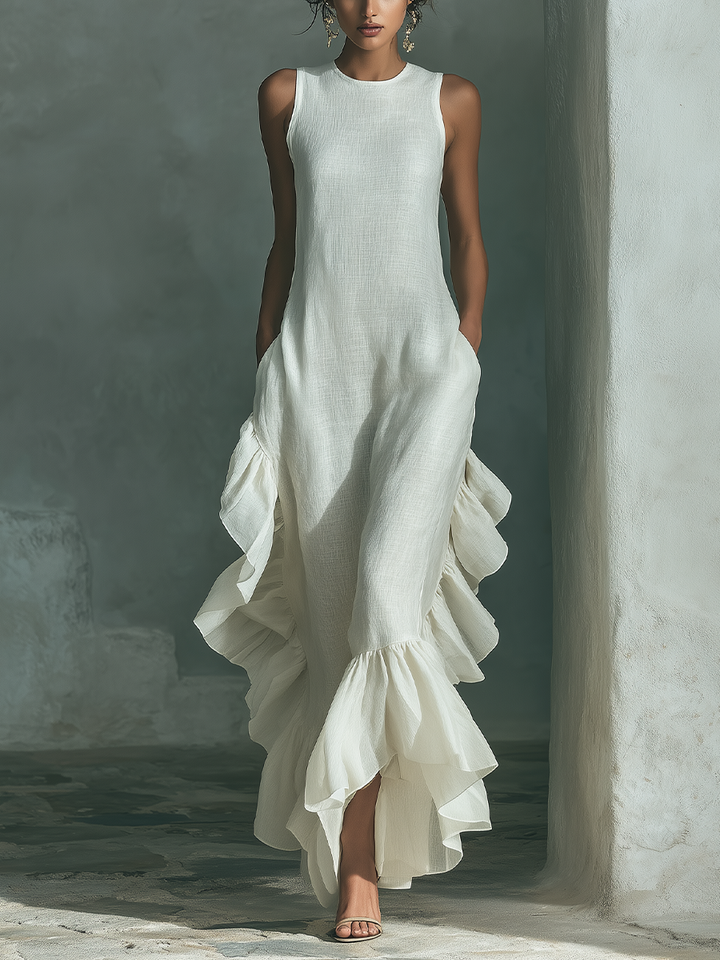 VESTIDO MAXI SIN MANGAS DE LINO Y BAJO CON VOLANTE