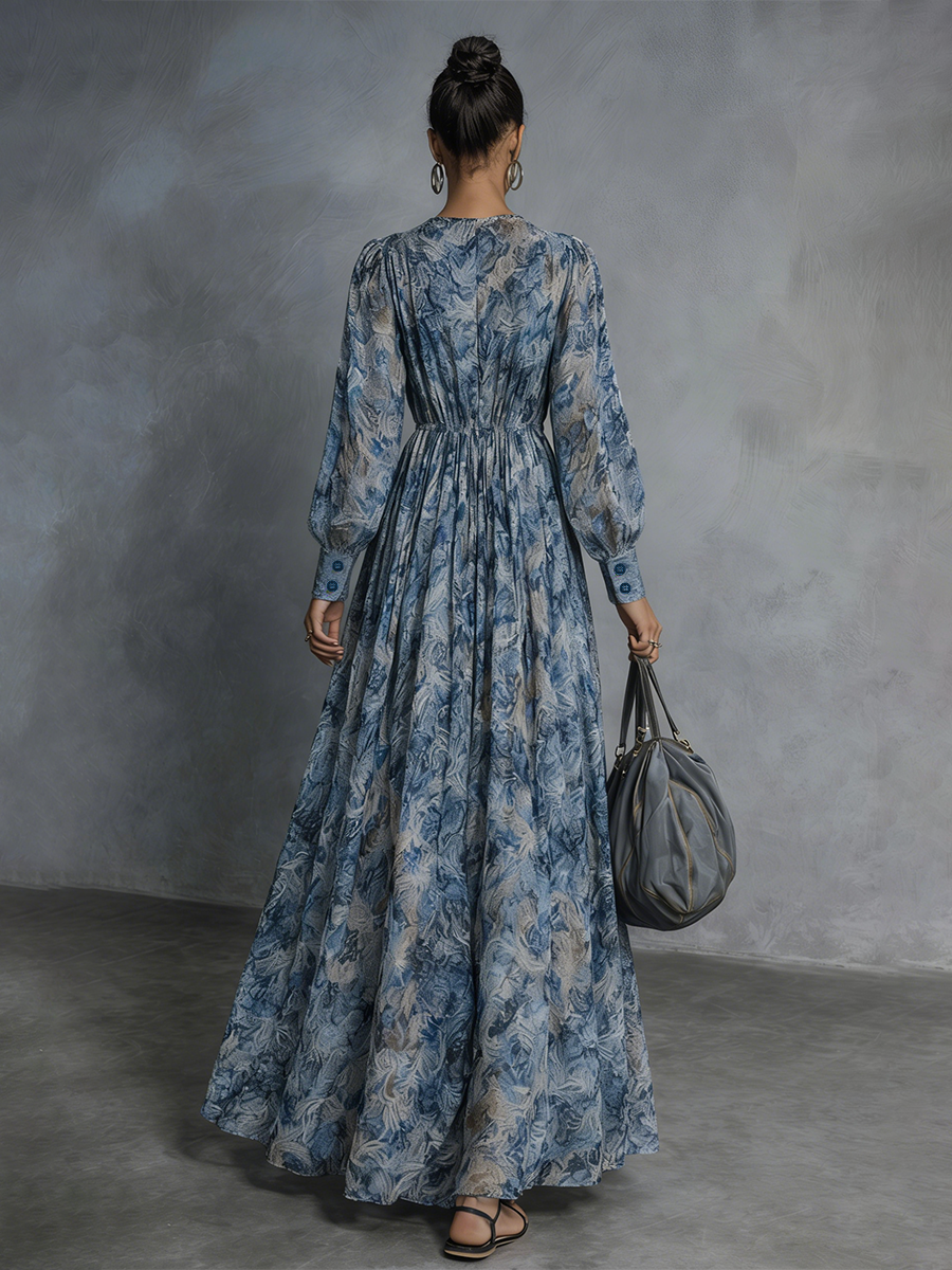 VESTIDO MAXI BOHEMIO DE GASA CON ESTAMPADO FLORAL AZUL Y ESCOTE EN V