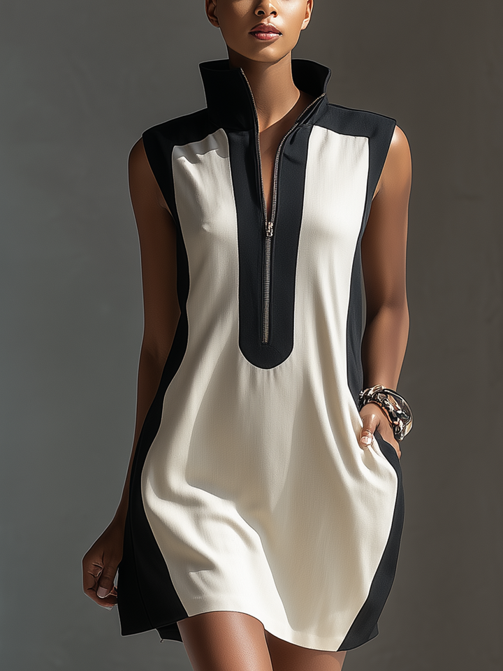 VESTIDO MINI BICOLOR CON CUELLO ALTO Y MEDIA CREMALLERA
