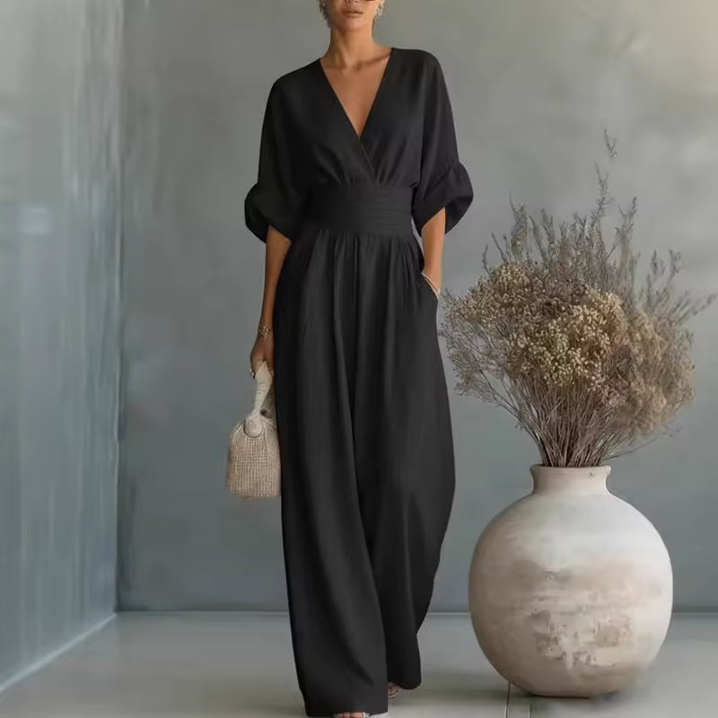 Georgina | Mono Elegante de Pierna Ancha con Escote en V Profundo
