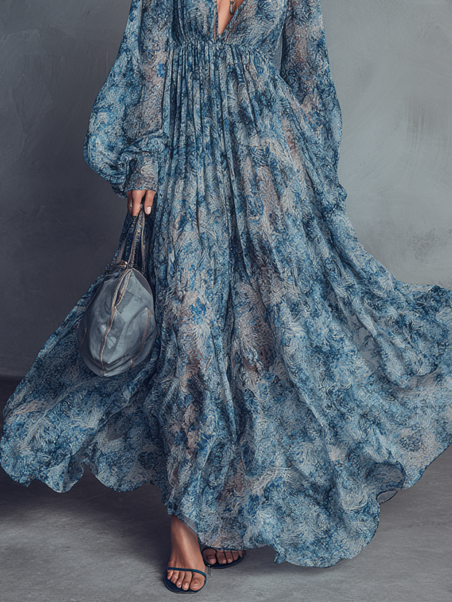 VESTIDO MAXI BOHEMIO DE GASA CON ESTAMPADO FLORAL AZUL Y ESCOTE EN V
