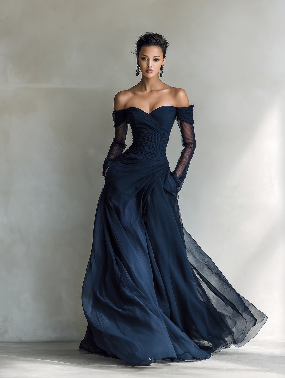 VESTIDO MAXI AJUSTADO DE GASA ORGANZA CON HOMBROS DESCUBIERTOS Y MANGA LARGA
