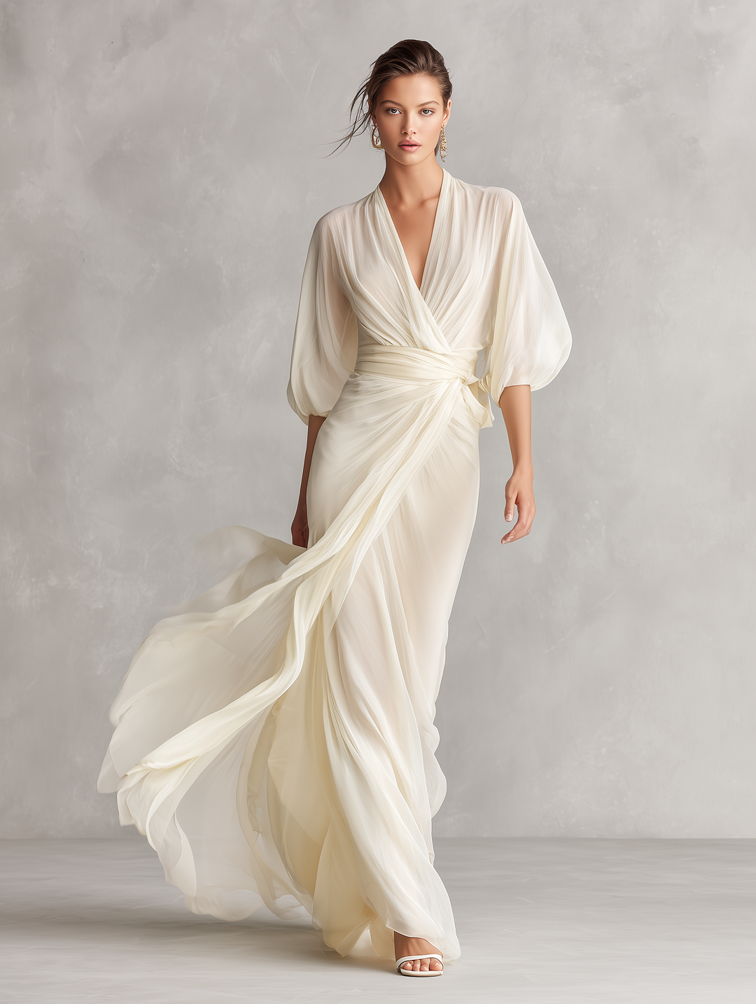 VESTIDO MAXI DE GASA MARFIL CON MANGAS ABULLONADAS Y ESCOTE CRUZADO