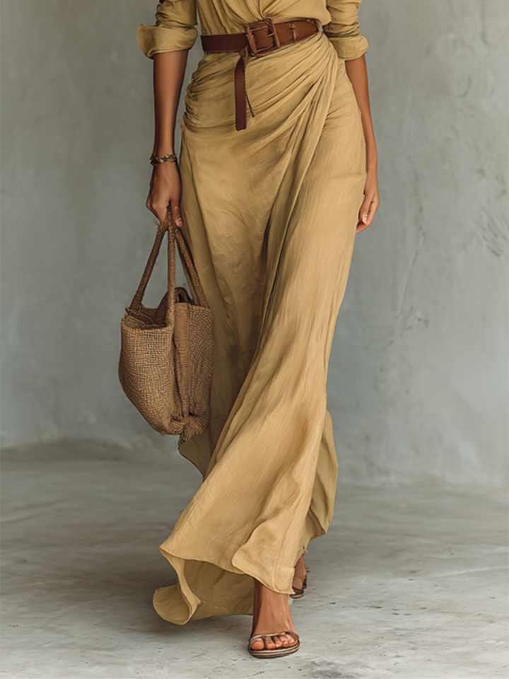 VESTIDO MAXI CON CUELLO SOLAPA, MANGA LARGA Y CINTURÓN