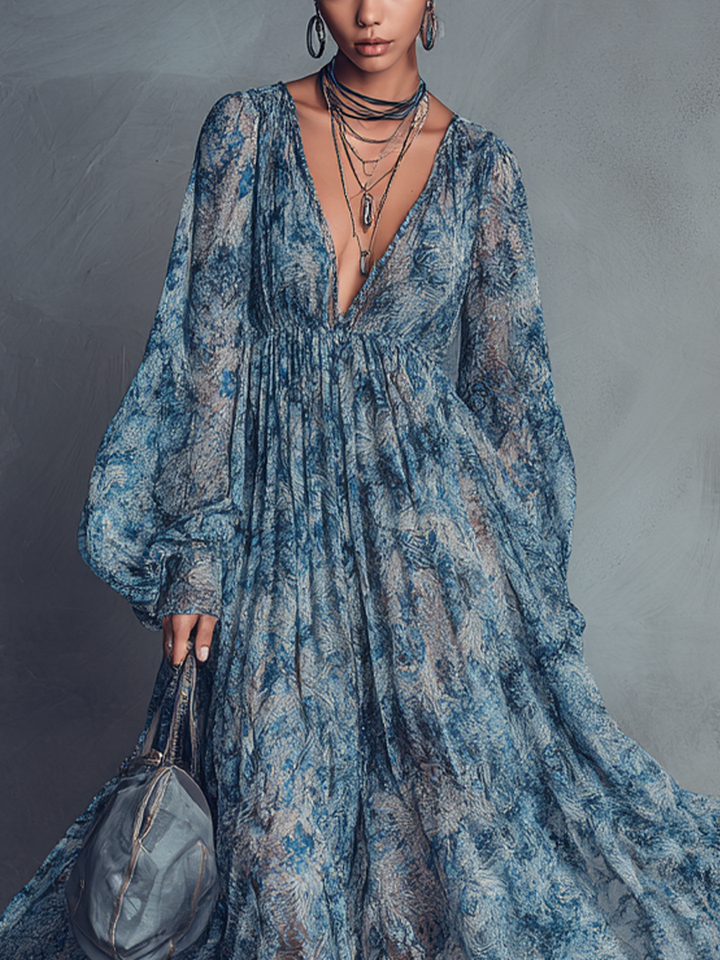 VESTIDO MAXI BOHEMIO DE GASA CON ESTAMPADO FLORAL AZUL Y ESCOTE EN V