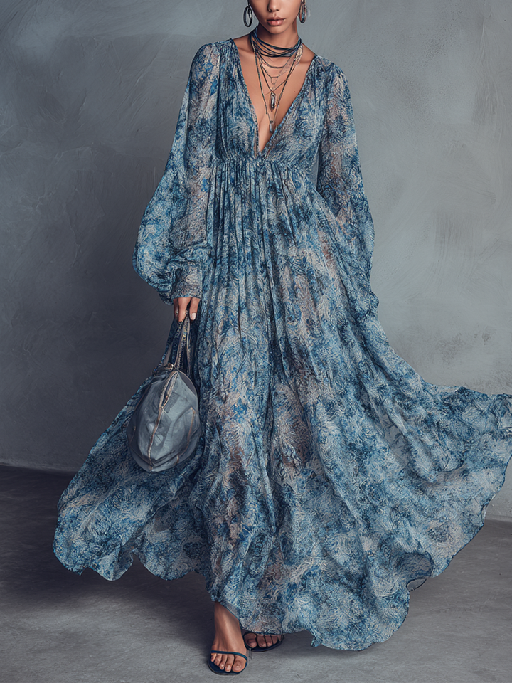 VESTIDO MAXI BOHEMIO DE GASA CON ESTAMPADO FLORAL AZUL Y ESCOTE EN V