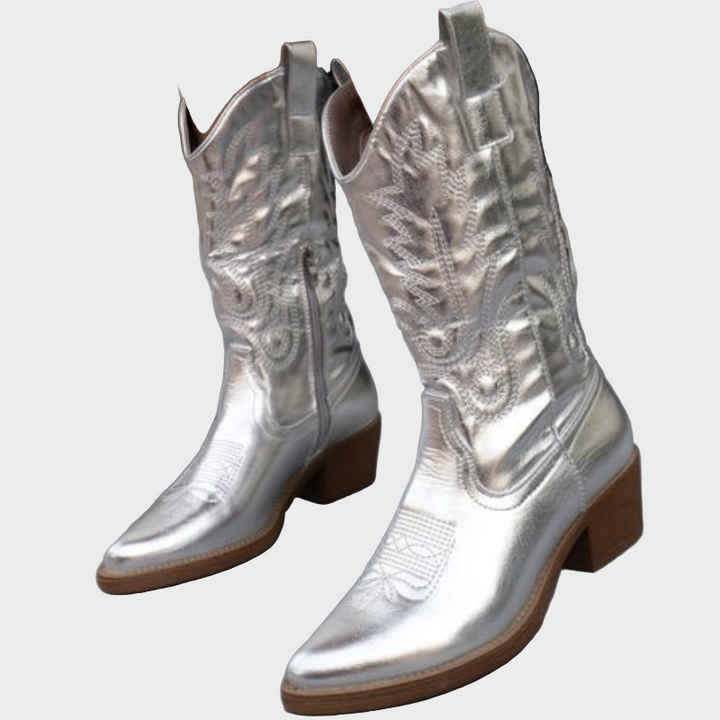 Estrella | Botines De Cowboy Metálicos En Rosa Con Bordado