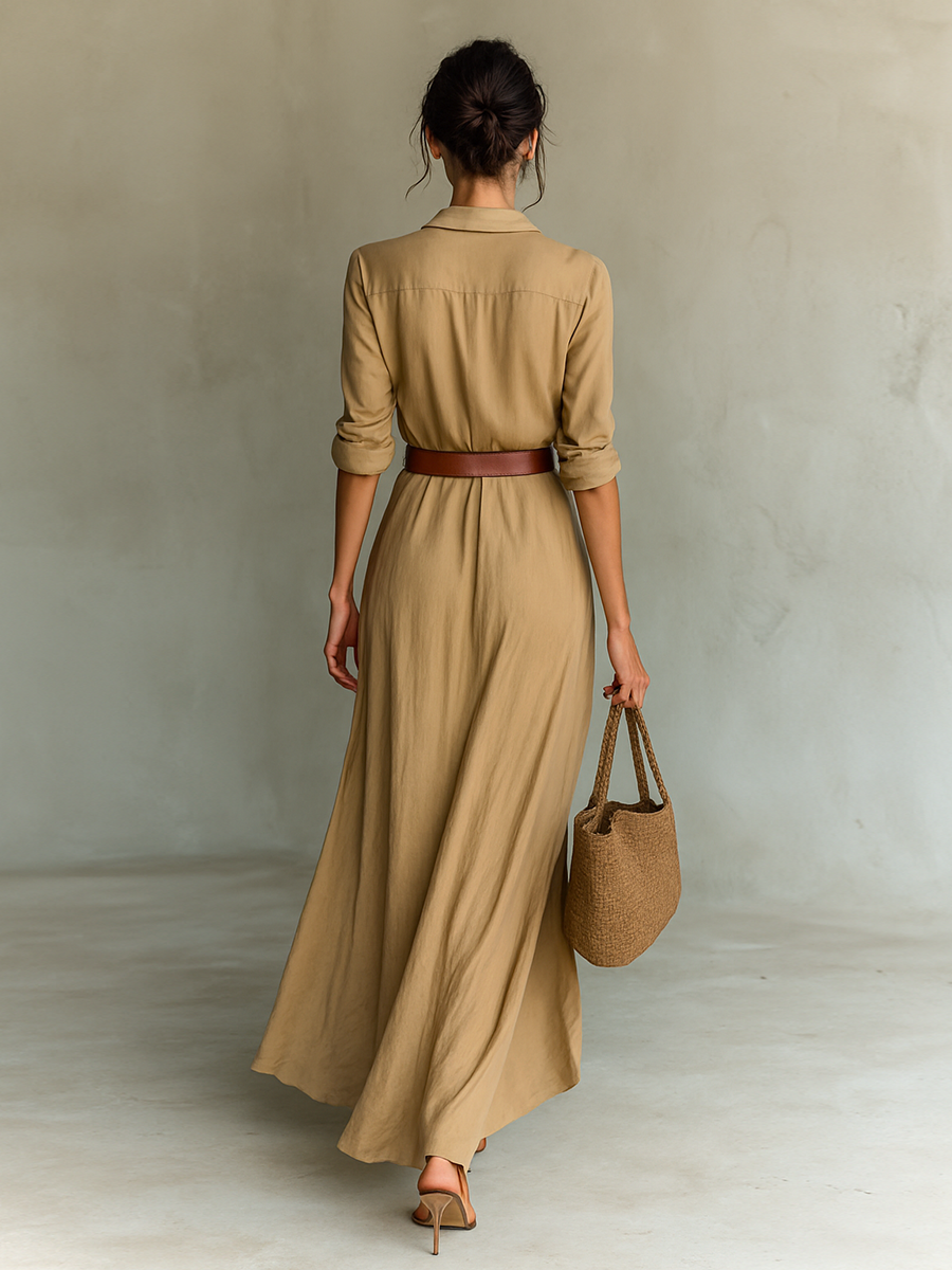 VESTIDO MAXI CON CUELLO SOLAPA, MANGA LARGA Y CINTURÓN