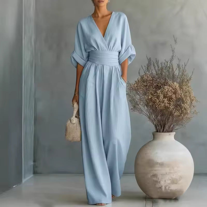 Georgina | Mono Elegante de Pierna Ancha con Escote en V Profundo